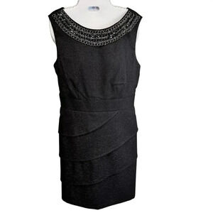 Connected Draped Pleated Black Silver Beaded Collar Sleeveless Dress‎ Womens 14P